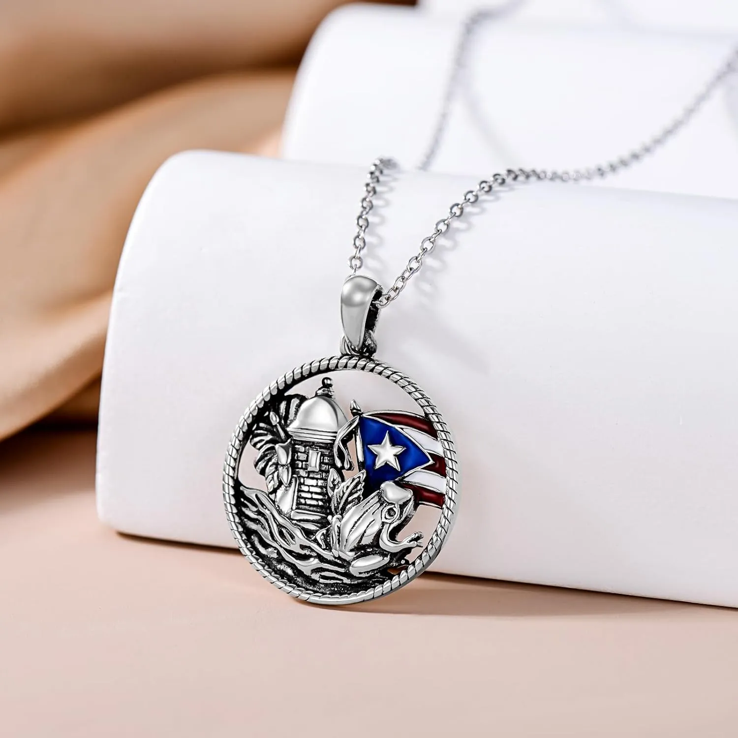 Sterling Silver Puerto Rico Flag Butterfly/Coqui Frog Pendant - Men, Women, Puerto Ricans Gift