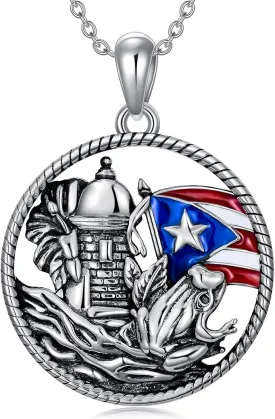 Sterling Silver Puerto Rico Flag Butterfly/Coqui Frog Pendant - Men, Women, Puerto Ricans Gift