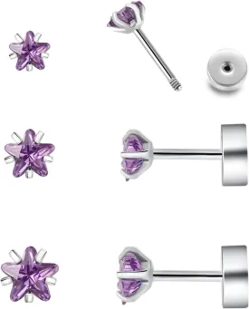 Surgical Steel Studs Earrings for Women Men,Hypoallergenic Silver 14K Gold Plated Stainless Steel Square/Heart/Five-Point Star Shape Cubic Zirconia Studs Earrings for Sensitive Ears Cartilage Helix Piercing