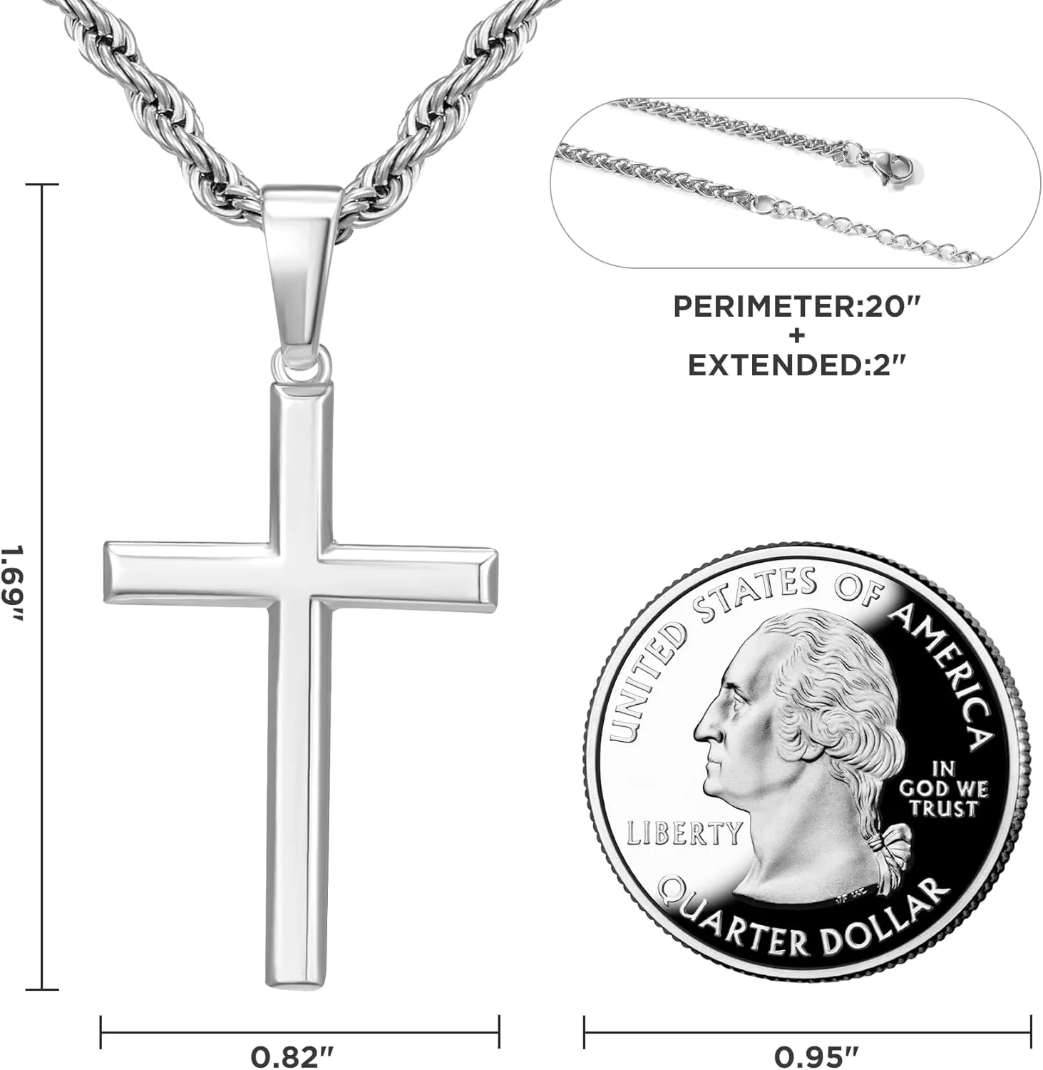SWEETV 18K Gold Over 925 Sterling Silver Cross Necklace for Men/Women, Stainless Steel Cuban/Rope Chain Cross Pendant 18-20 inch, Religious Jewelry Gifts for Men