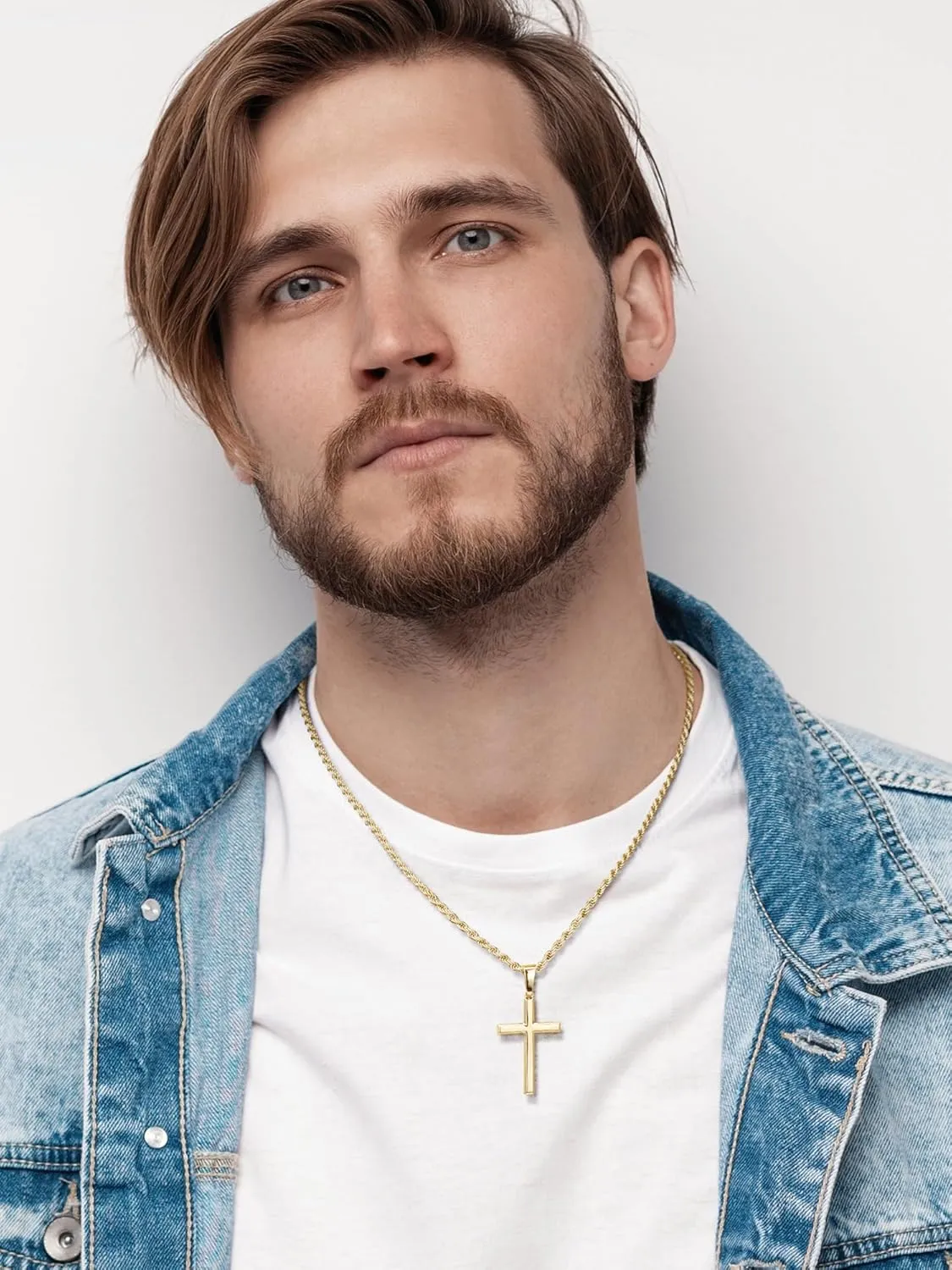 SWEETV 18K Gold Over 925 Sterling Silver Cross Necklace for Men/Women, Stainless Steel Cuban/Rope Chain Cross Pendant 18-20 inch, Religious Jewelry Gifts for Men
