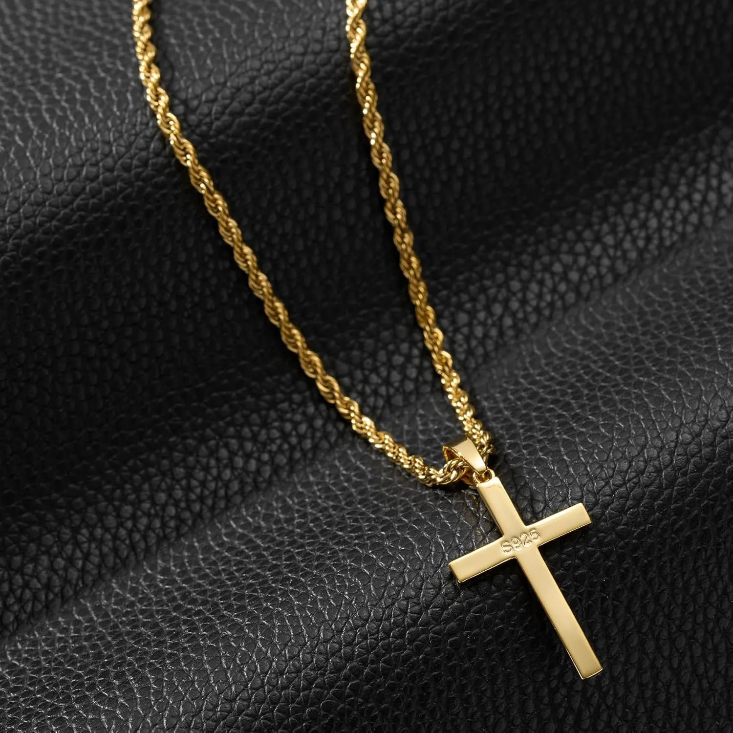 SWEETV 18K Gold Over 925 Sterling Silver Cross Necklace for Men/Women, Stainless Steel Cuban/Rope Chain Cross Pendant 18-20 inch, Religious Jewelry Gifts for Men