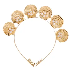 Teensery 1 Pack Seashell Crown Faux Pearl Embellishment Headband Hair Hoop for Headpiece Girls Women Bridal Party Wedding, Gold