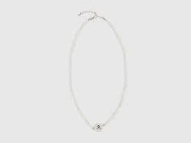 White Pearl Strand Necklace with Dark Blue Flower Motif