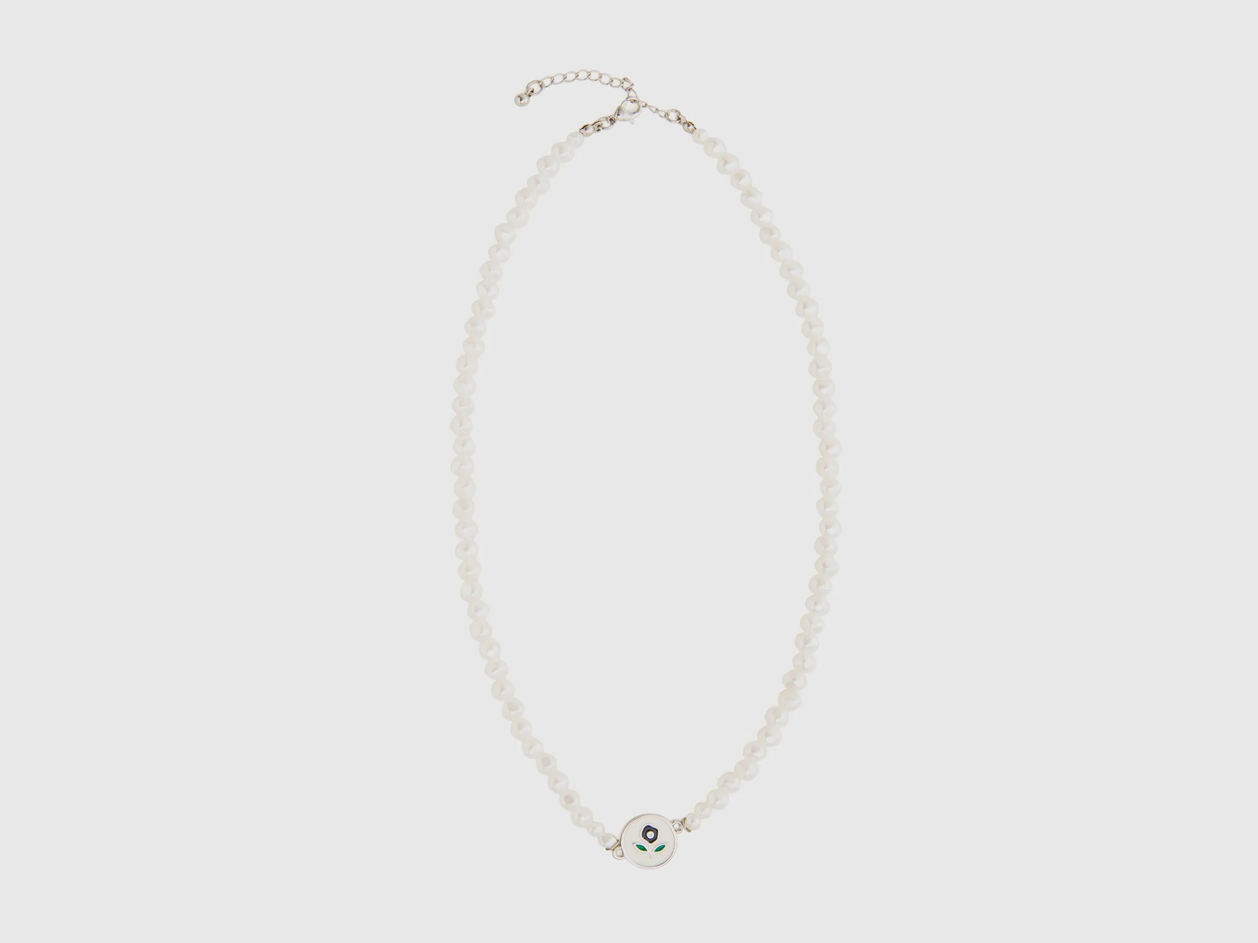 White Pearl Strand Necklace with Dark Blue Flower Motif