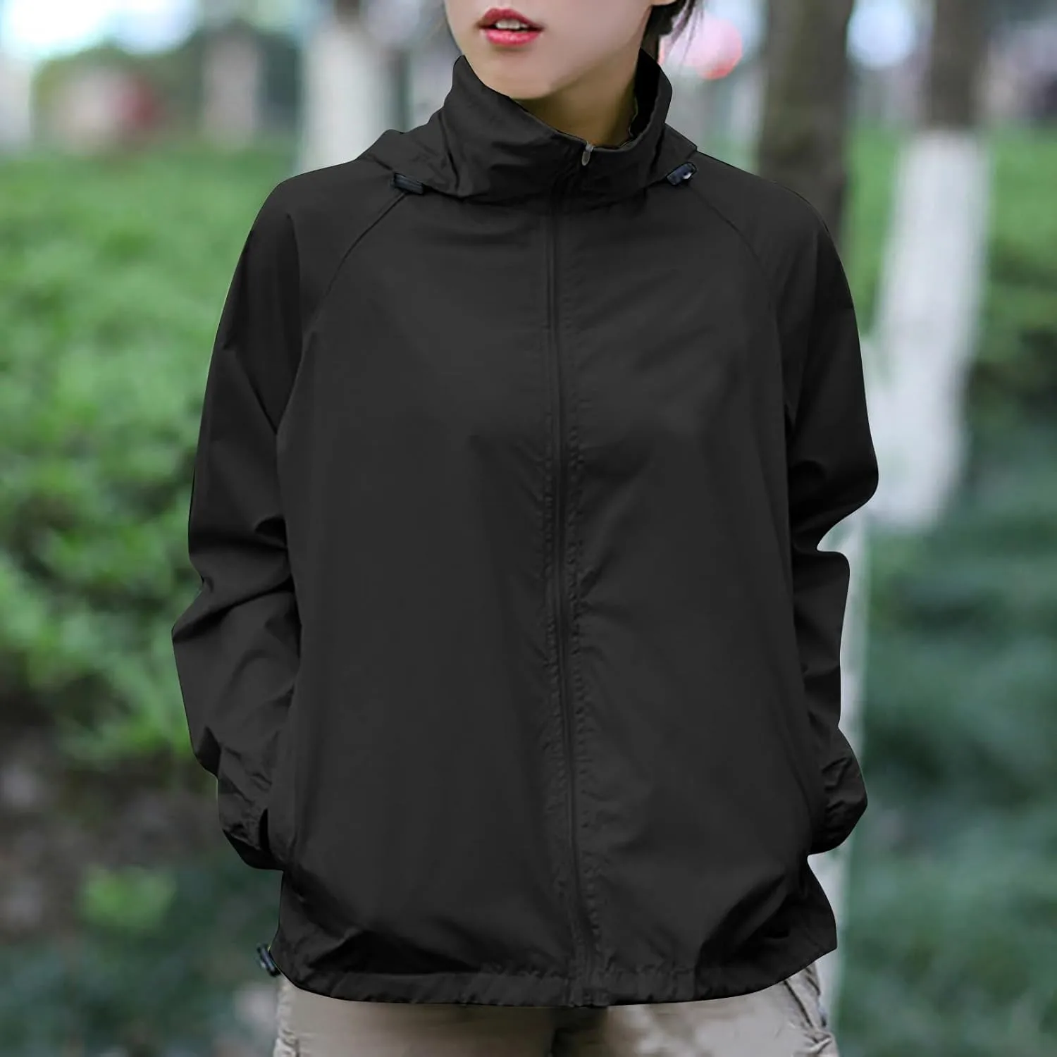 Womens Rain Jacket Outdoor Sports Windbreaker Jackets Lightweight Waterproof Raincoat Solid Color Packable Rain Coats