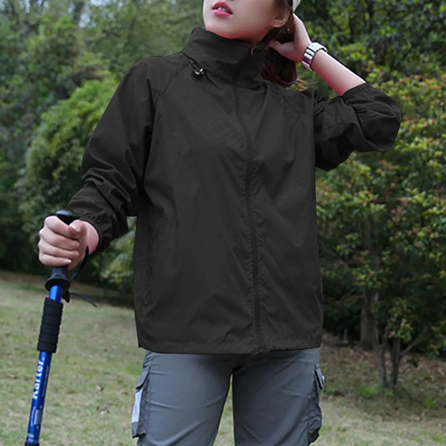 Womens Rain Jacket Outdoor Sports Windbreaker Jackets Lightweight Waterproof Raincoat Solid Color Packable Rain Coats