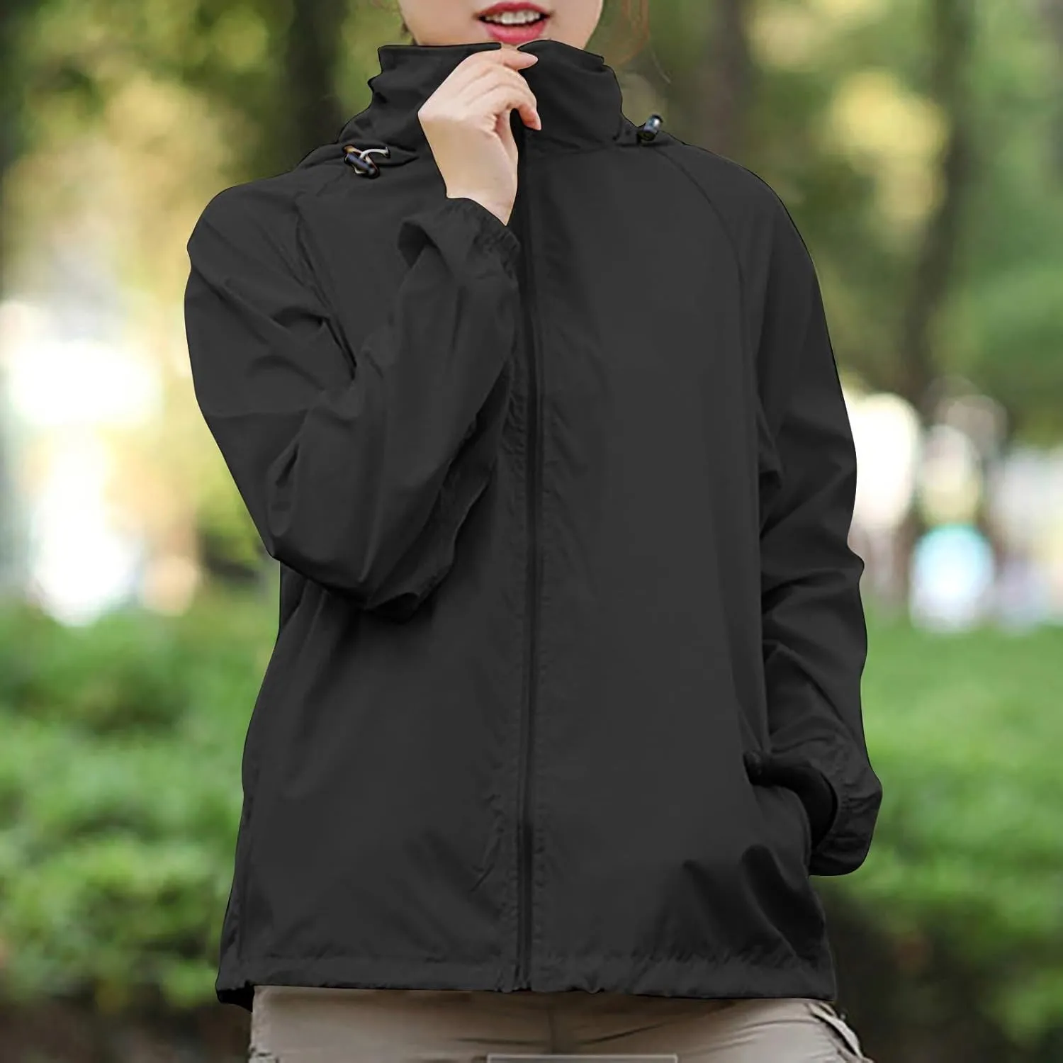 Womens Rain Jacket Outdoor Sports Windbreaker Jackets Lightweight Waterproof Raincoat Solid Color Packable Rain Coats