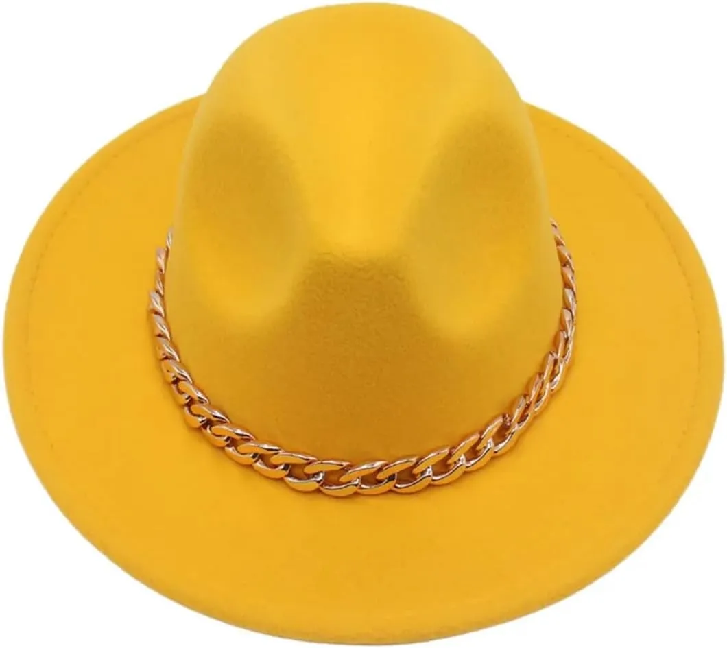 Women's Wide Brim Fedora Hats for Women Men Vintage Church Hats Gold Chain Jazz Cap