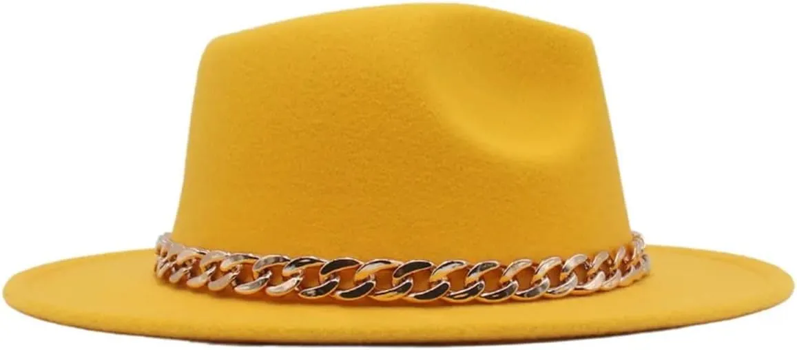 Women's Wide Brim Fedora Hats for Women Men Vintage Church Hats Gold Chain Jazz Cap